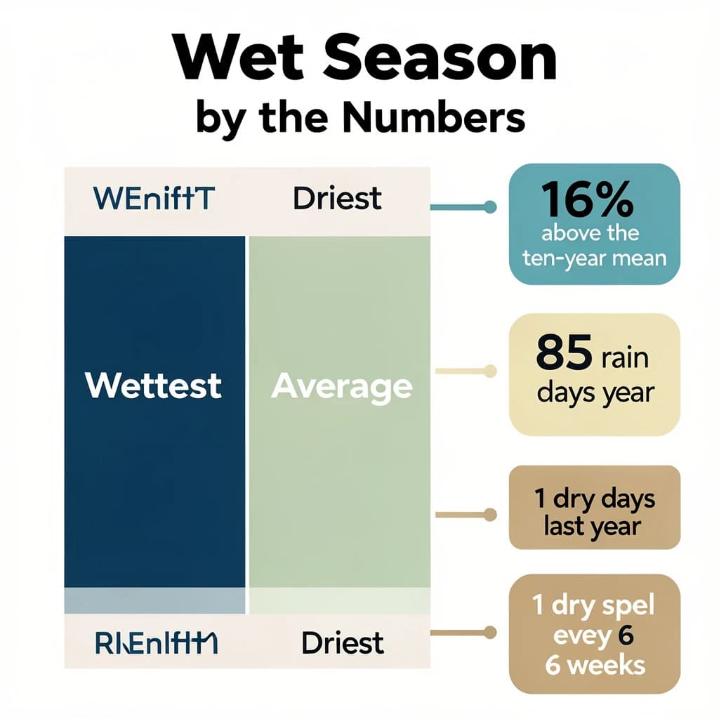 Flat vector illustration titled "Wet Season by the Numbers". A twelve-month rainfall timeline sits at the center, carrying three keyed regions, "Wettest" shaded dark blue, "Average" shaded pale green and "Driest" shaded sand. Three stat chips run down a right column, reading "16% above the ten-year mean", "85 rain days last year" and "1 dry spell every 6 weeks". Each key color matches the shading of the region it names.
