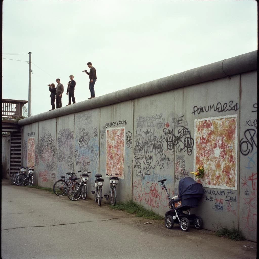 Shot on 1970s Kodachrome era color film, warm grain and slightly faded reds. A stretch of the Berlin Wall on a grey afternoon, covered in overlapping graffiti with one clean unpainted panel in the middle. Three people stand on a wooden viewing platform at the left, two of them looking over the top through binoculars while the third has turned back toward the camera with a cigarette. Four bicycles lean along the base of the wall, three upright and one fallen on its side. A pram is parked below the clean panel with a small bunch of tulips wedged into a crack above it. No cars in the frame.