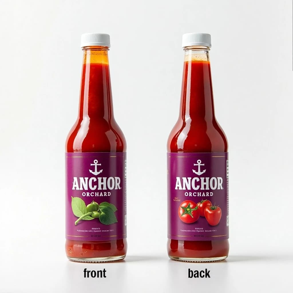 Printed poster: one hot-sauce bottle in two views. The views are captioned "front" and "back" in that order. The wordmark "Anchor Orchard" appears on every view. The purple-and-white coloring is the same across every view, and only the angle changes.