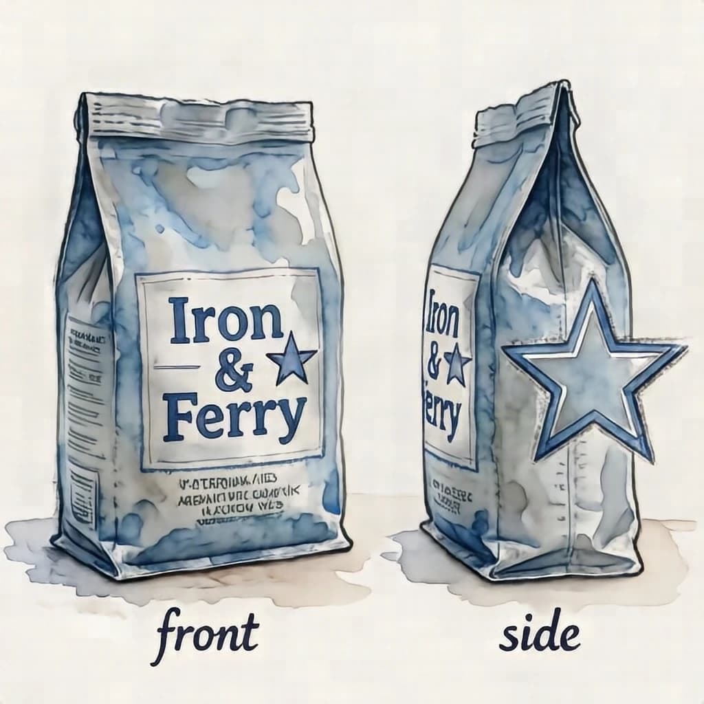 Watercolor of the same coffee bag drawn in three views, captioned "front", "side" and "back", every view carrying the wordmark "Iron & Ferry" with a five-point star outline beside it in the same blue-and-silver coloring, only the angle changing.