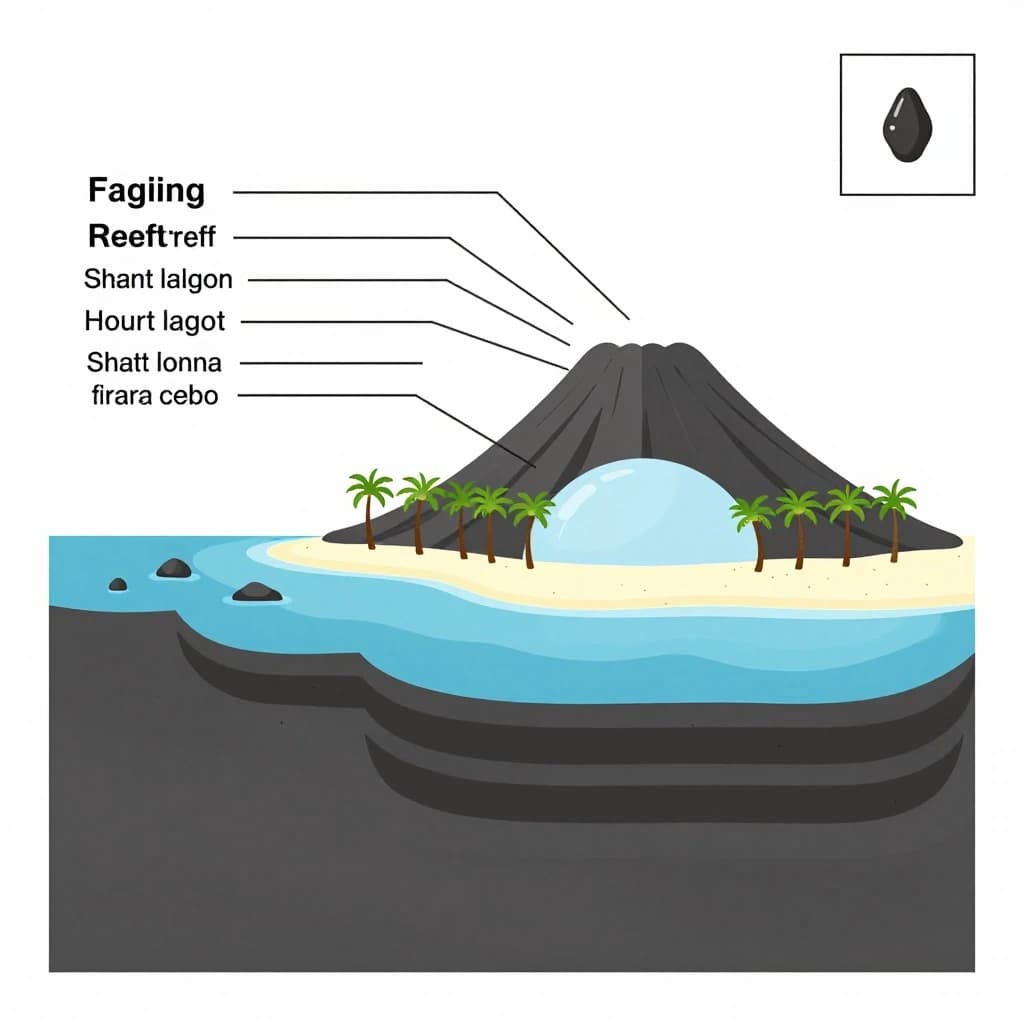Cross section of a volcanic tropical island as a flat academic figure with clean colour blocks and a horizontal sea level line. Reading from the ocean on the left toward the right: a fringing reef crest, a shallow lagoon holding three coral heads, a white sand beach, a coconut palm belt of five trees, then a rising basalt cone with two lava layers picked out in darker grey, and a freshwater lens drawn as a pale blue dome under the middle of the island. Below sea level the flanks drop in three stepped terraces to a flat deep floor. Eight leader line labels, a depth scale down the left edge, and a small locator inset in the top right.