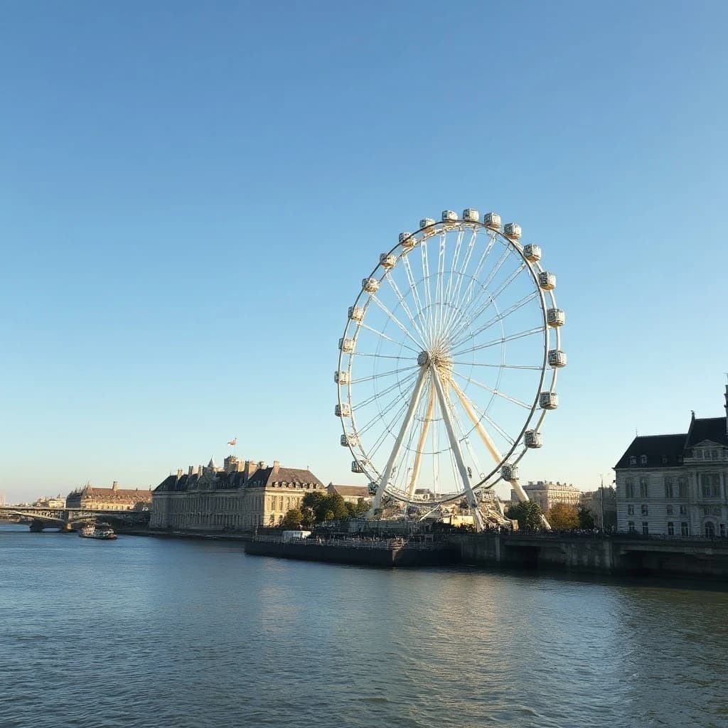 A ferris wheel dulled by a thin layer of dust beside a quiet river, under a clear blue sky, wide-angle perspective, photorealistic style.