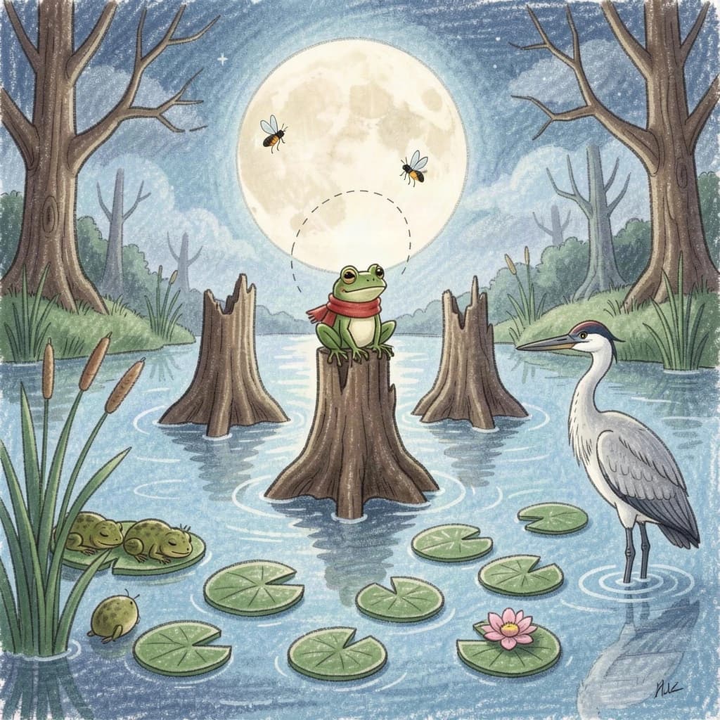 Story card in soft children's book illustration with crayon texture. A moonlit swamp with three cypress stumps in a row across the water. A small green frog in a red scarf sits on the middle stump. Two fireflies circle above his head while four more sit sleeping on the reeds to the left. A heron stands knee deep at the right edge, looking away from the frog. Nine lily pads float across the foreground, only one of them carrying a flower.
