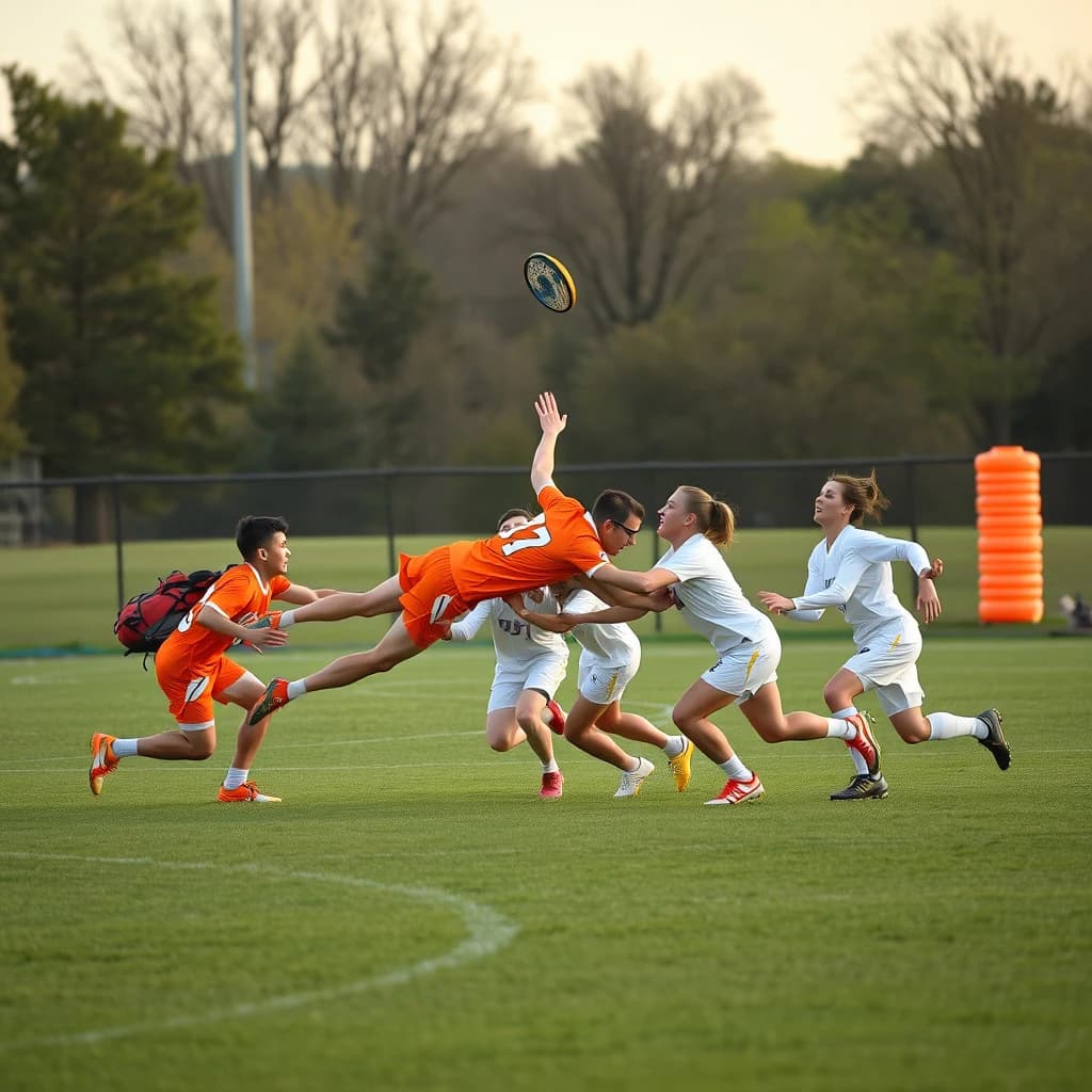 Sports photography, long lens, late afternoon on a college field. Seven players in frame: four in orange jerseys, three in white. The disc hangs just above the tallest orange player, who is fully horizontal in a layout dive; two of the white players crash into each other under it while the third white player runs the other way. Behind them on the sideline sit five backpacks in a line and a stack of four orange cones. Low golden sun, grass spray, shallow depth.