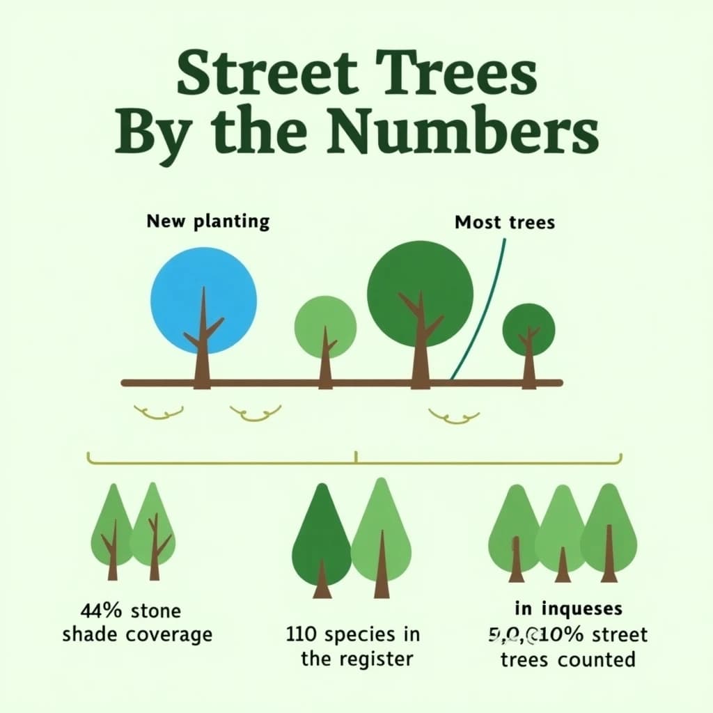 Flat infographic titled "Street Trees by the Numbers": at the center a labeled street-tree diagram, carrying two keyed regions, "New planting" shaded light blue and "Most trees" shaded dark green, beside a bottom row of three stat chips reading "44% shade coverage", "110 species in the register" and "51,000 street trees counted".