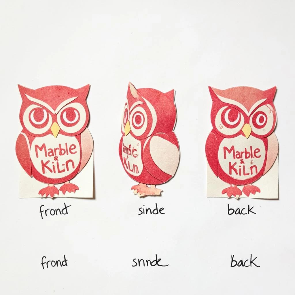 Cut-paper collage of the same bookstore owl mascot drawn in three views, captioned "front", "side" and "back", every view carrying the wordmark "Marble & Kiln" with a small bell outline beside it in the same red-and-cream coloring, only the angle changing.