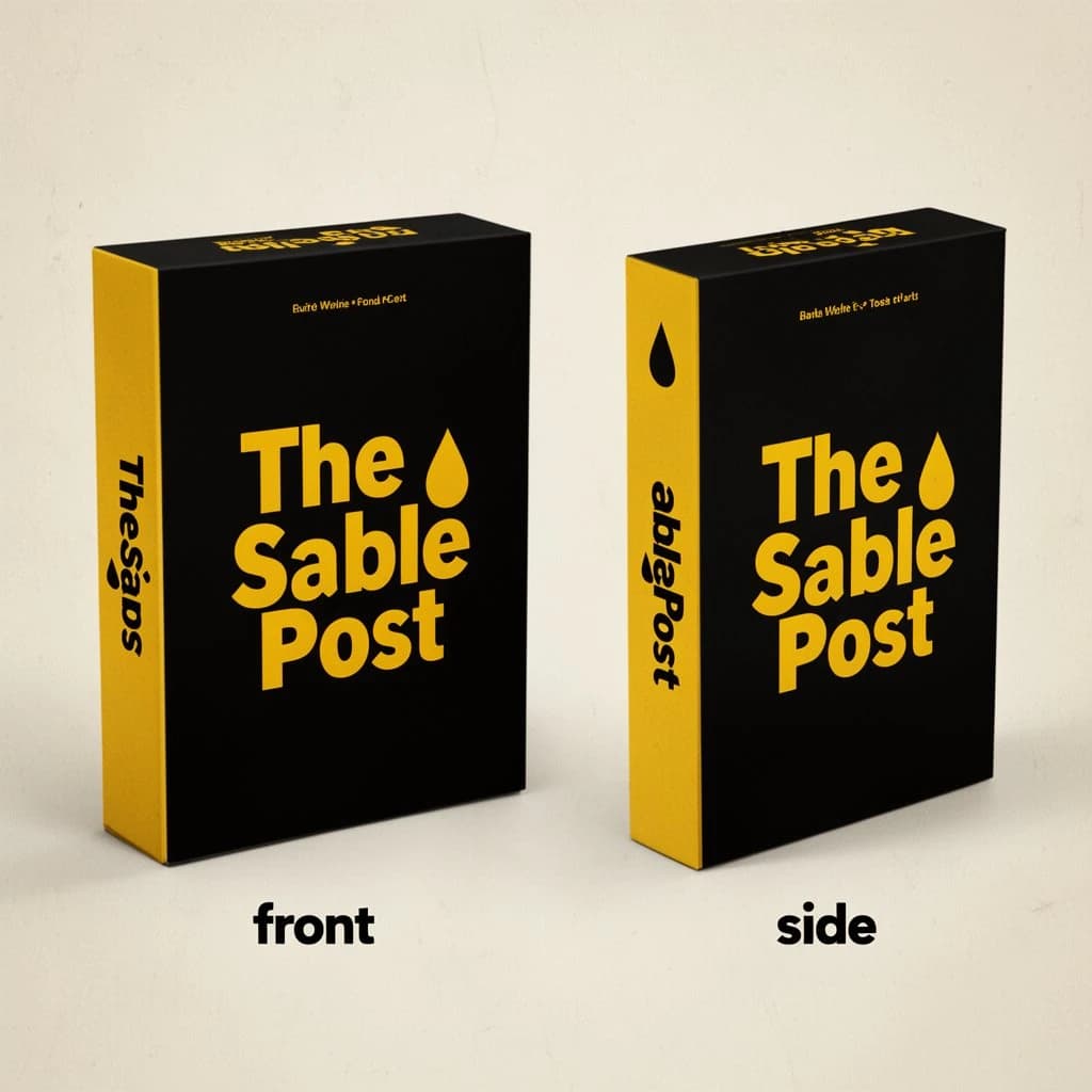 Printed poster of the same board-game box drawn in two views, captioned "front" and "side", every view carrying the wordmark "The Sable Post" with a single droplet symbol beside it in the same black-and-yellow coloring, only the angle changing.