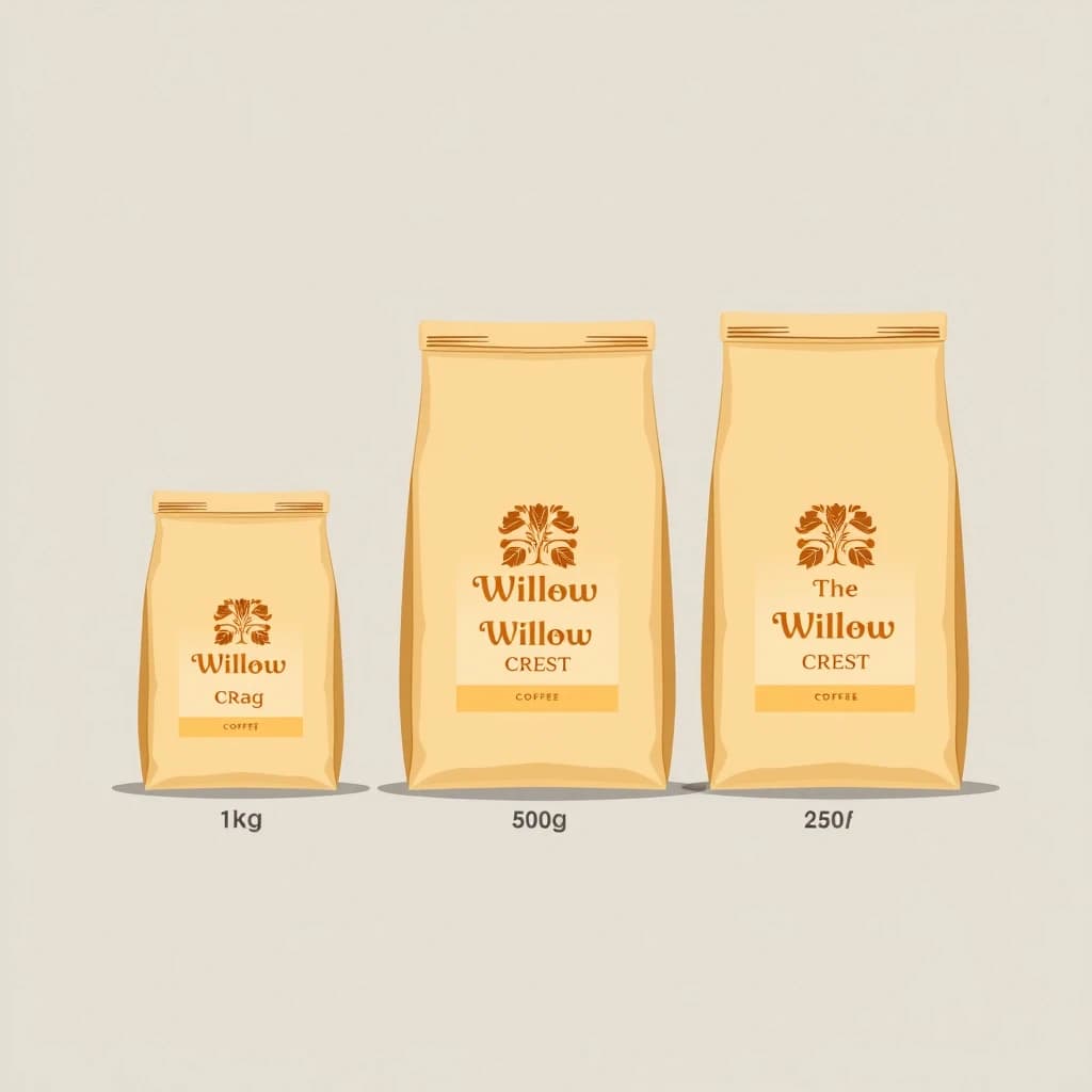 Flat vector illustration of the same coffee bag drawn in three sizes, captioned "1kg", "500g" and "250g", every size carrying the wordmark "The Willow Crest" in the same orange-and-brown coloring, only the bag size changing.