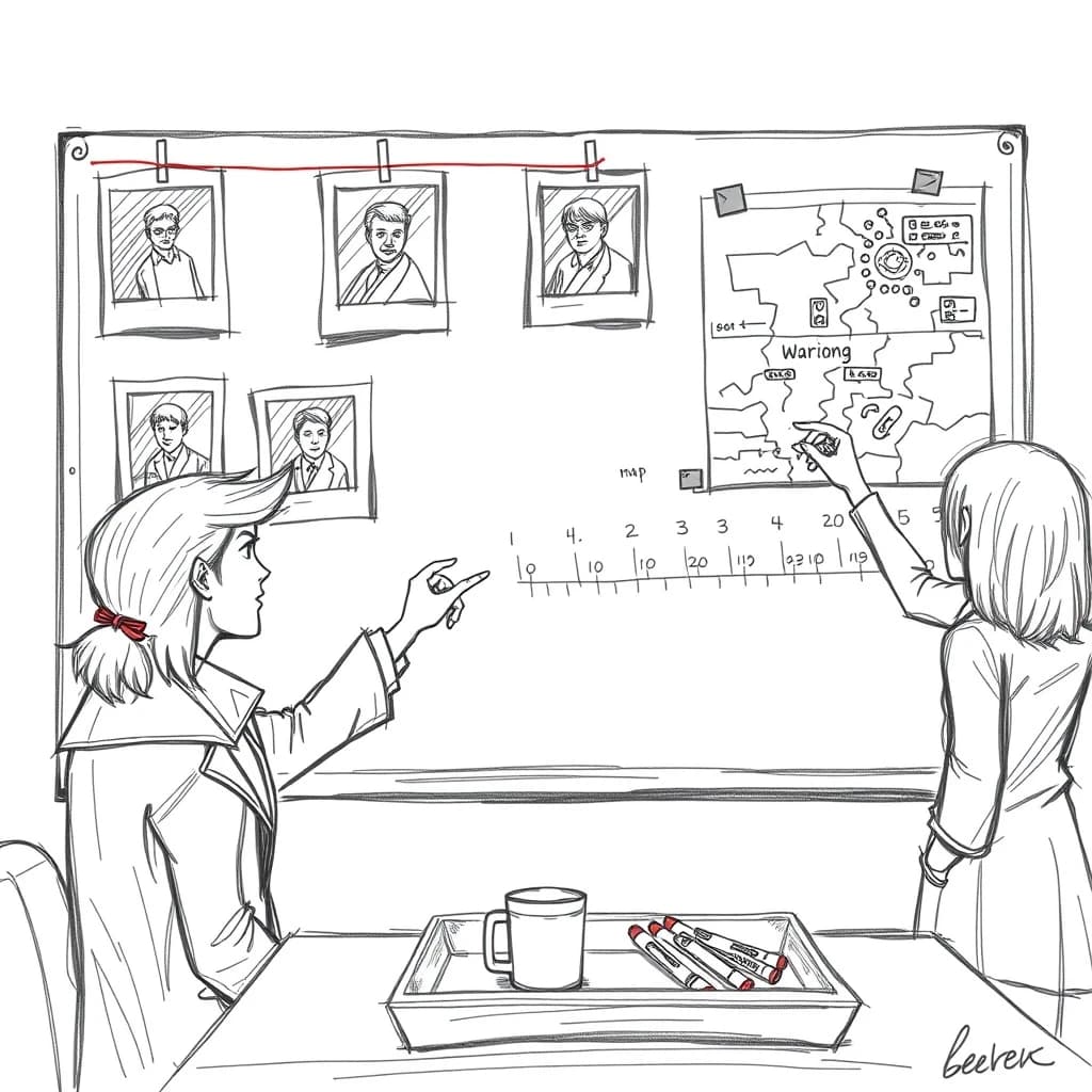 Rough storyboard panel in loose graphite sketch style for a detective game cutscene. A precinct whiteboard fills the wall: six pinned photographs in two rows of three, red string linking the leftmost photo of the top row to the middle photo of the bottom row and on to a map tacked at the right edge. Three magnets hold a timeline strip along the bottom of the board. In front of it two detectives, the seated one pointing at the map while the standing one wipes the upper right corner clean with her sleeve. A mug and four markers sit in the tray, one marker uncapped. Quick hatching, smudged shading, no color.