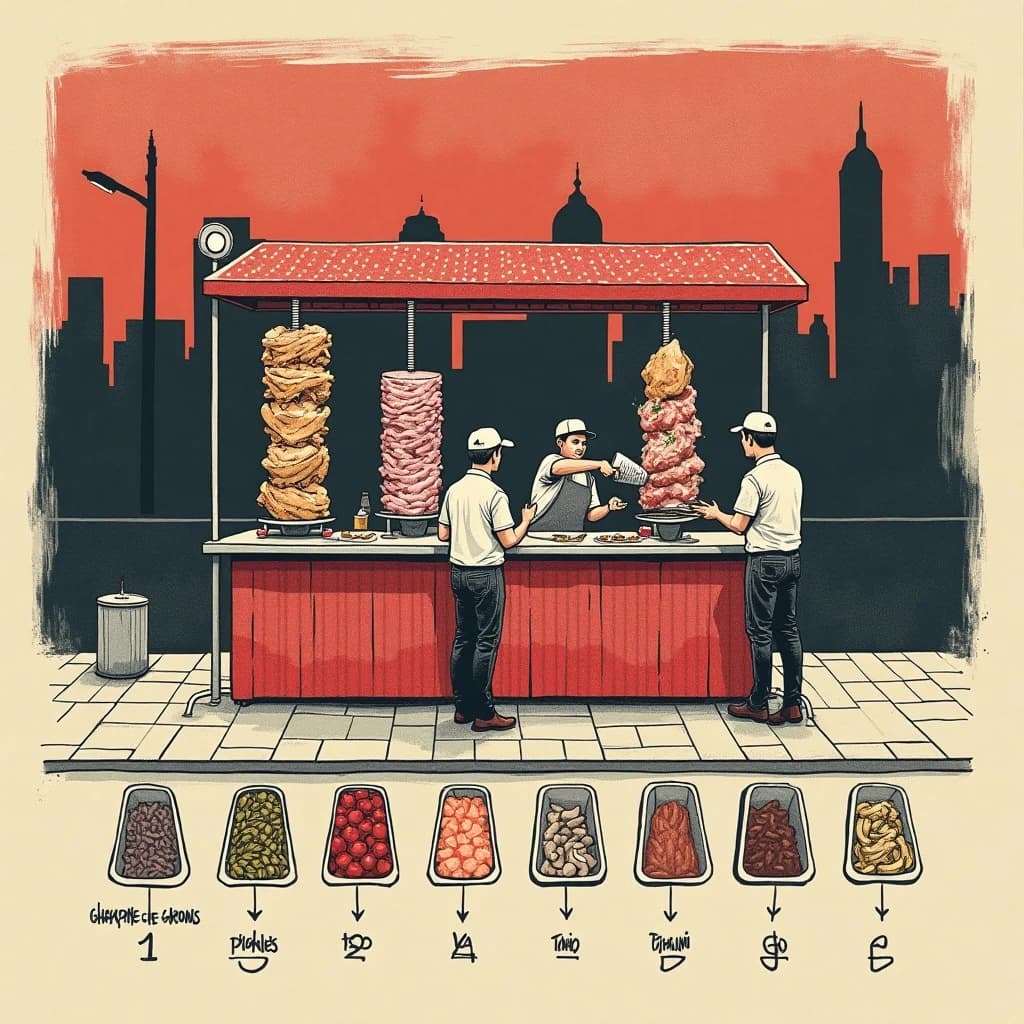 Editorial halftone print diagram of a street shawarma stall at dusk, printed in charcoal, warm red and cream dots. Two vertical spits stand side by side behind the counter, chicken on the left and lamb on the right, the lamb cone noticeably wider. One cook shaves meat from the lamb into a tray while a second cook passes a wrapped sandwich across the counter to a customer. Five garnish bins run along the counter labelled "Pickles", "Tomato", "Onion", "Tahini", "Chilli", with numbered callouts one to five pointing at them.