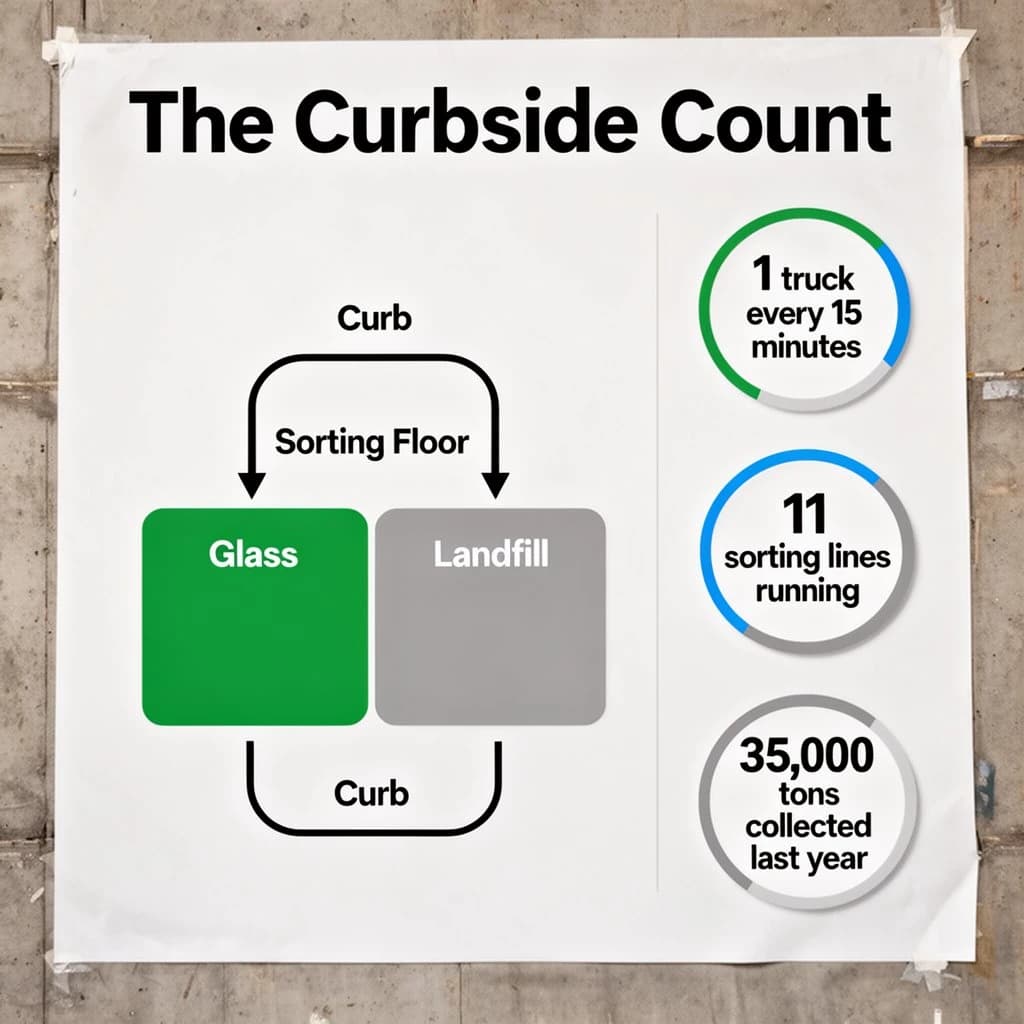 Printed poster titled "The Curbside Count": at the center a flow chart from curb to sorting floor, carrying two keyed regions, "Glass" shaded green and "Landfill" shaded gray, beside a right column of three stat chips reading "1 truck every 15 minutes", "11 sorting lines running" and "35,000 tons collected last year".