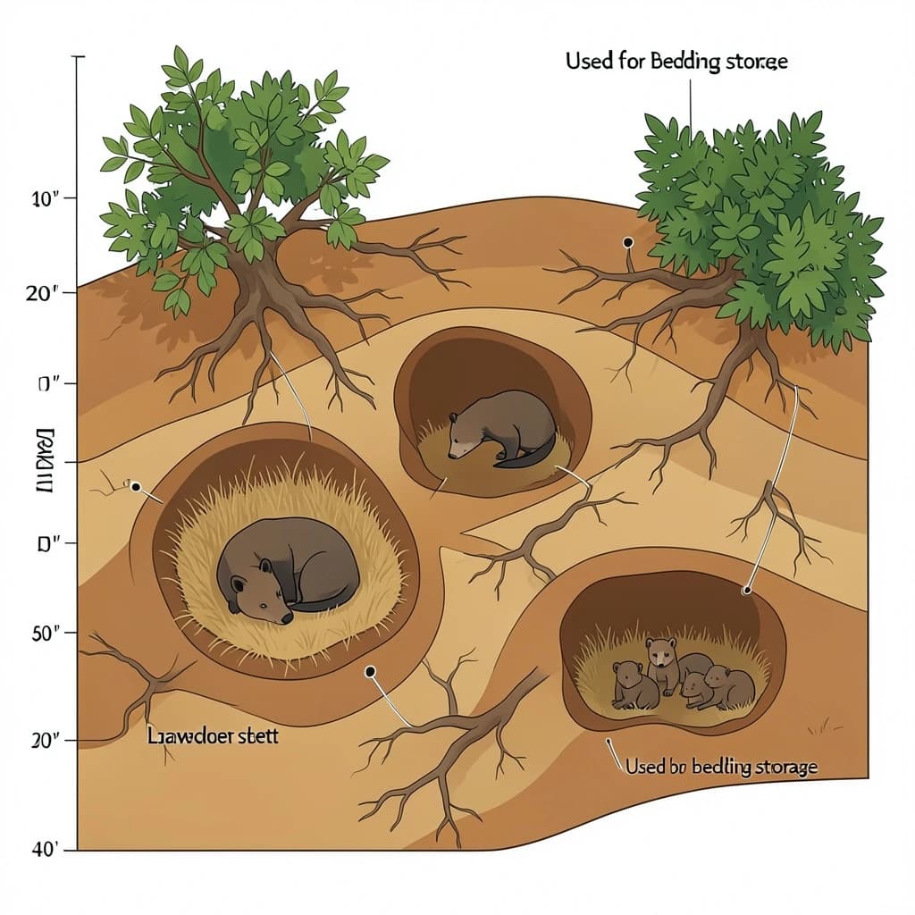 Flat vector cross-section of a badger sett cut through a hillside, soil drawn as layered ochre bands with tree roots threading through. Four chambers at different depths: the deepest lined with dry grass holding two sleeping badgers curled together, one mid level chamber standing empty, one holding three cubs, and a shallow chamber used for bedding storage. Five tunnels connect them, and two entrances break the surface, the left one under a hawthorn and the right one screened by bracken. Labels sit outside the soil profile on hairline leaders, with a depth scale in metres down the left edge.