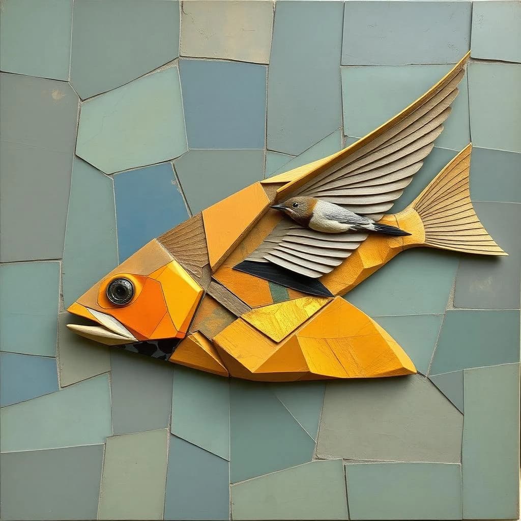 Rock Sunfish and Swift in Kabul, Afghanistan in the style of cubist