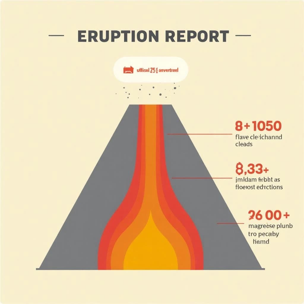 Flat vector illustration titled "The Eruption Report". A cutaway cone sits at the center, carrying three keyed regions, "Lava channel" shaded red, "Ash cloud" shaded gray and "Magma chamber" shaded orange. Three stat chips run down a right column, reading "810 tremors before the last eruption", "1 in 23 erupt each decade" and "1,000 degrees at the vent". Each key color matches the shading of the region it names.