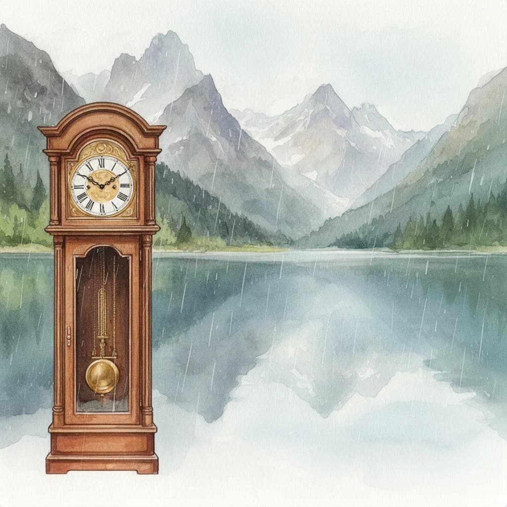 grandfather clock, mountain lake, light rain, overhead flat lay, watercolor, soft edges