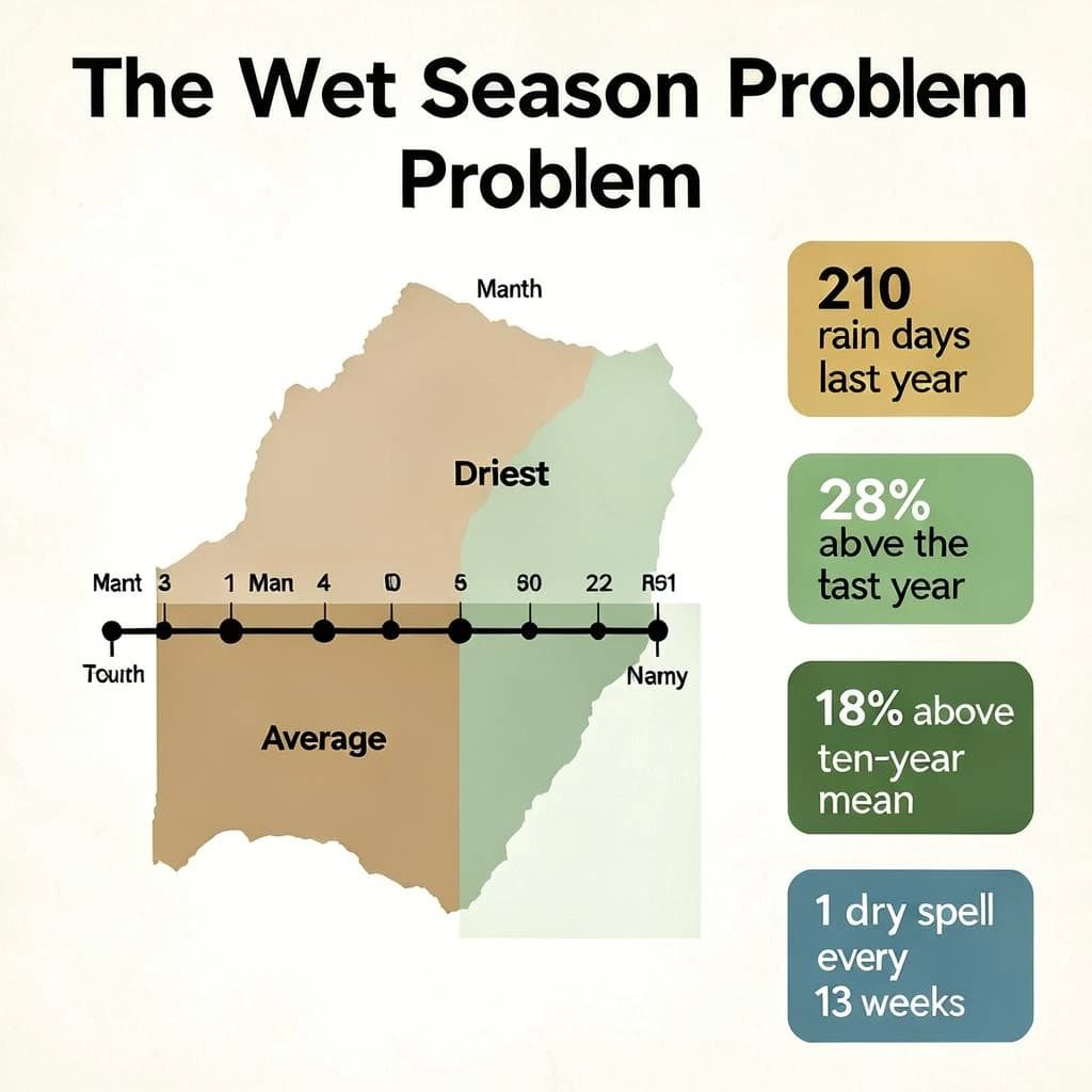 Printed poster titled "The Wet Season Problem". A twelve-month rainfall timeline sits at the center, carrying two keyed regions, "Driest" shaded sand and "Average" shaded pale green. Three stat chips run down a right column, reading "210 rain days last year", "18% above the ten-year mean" and "1 dry spell every 13 weeks". Each key color matches the shading of the region it names.