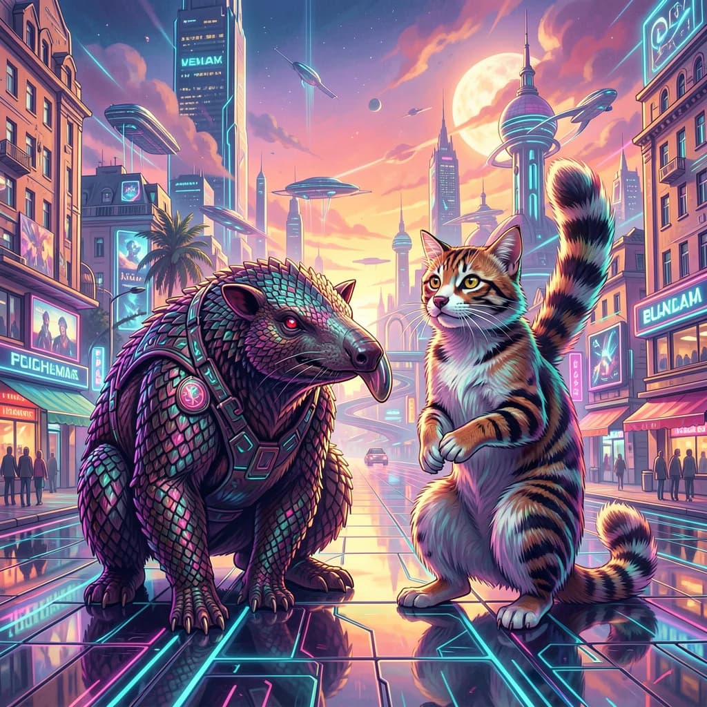 Scaly Anteater and Ringtail in Bucharest, Romania in the style of futurism