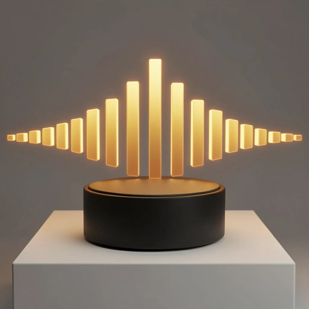 Cinematic 3D render of a matte black speaker puck on a white plinth, with a sound waveform behind it built from fourteen glowing amber bars in a gentle curve, the three tallest centred directly behind the puck and the bars shortening evenly toward both ends.