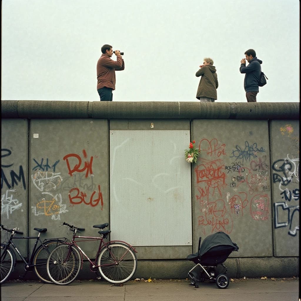 Shot on 1970s Kodachrome era color film, warm grain and slightly faded reds. A stretch of the Berlin Wall on a grey afternoon, covered in overlapping graffiti with one clean unpainted panel in the middle. Three people stand on a wooden viewing platform at the left, two of them looking over the top through binoculars while the third has turned back toward the camera with a cigarette. Four bicycles lean along the base of the wall, three upright and one fallen on its side. A pram is parked below the clean panel with a small bunch of tulips wedged into a crack above it. No cars in the frame.