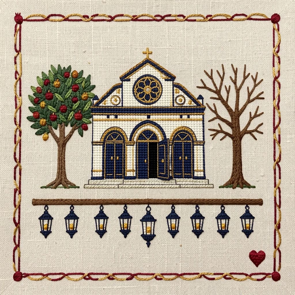 Pin stitched as a cross stitch sampler on natural linen, chunky visible stitches. Center: a synagogue front elevation in deep blue and gold thread, a rose window above three arched doors, the middle door taller and standing open while the two outer doors are closed. Two stitched olive trees flank the building, the left one heavy with fruit and the right one bare. Along the bottom, nine stitched lamps hang from a stitched beam with the middle lamp hanging lower than the rest. A narrow pomegranate border runs all the way around, with a small stitched heart in the bottom right corner.