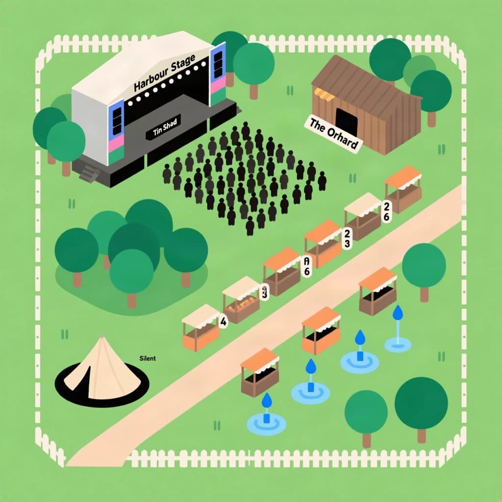 Festival site map in flat editorial infographic style, bird's eye, flat colour blocks on a sage green field inside a dotted perimeter fence.
Four stages: the main "Harbour Stage" along the north edge with a wide crowd shape in front of it, "Tin Shed" on the east, "The Orchard" on the west inside a cluster of round tree canopies, and a small circular "Silent Tent" at the south west corner with no crowd shape around it.
Two food streets run east to west between the stages, the northern one with nine numbered stalls and the southern one with six. Three water points marked by blue droplets sit one beside each of the first three stages. A single first aid cross sits where the two food streets meet the central path.
A gravel path loops the whole site as a dashed ochre line, with entrance gates on the south and east sides only.
A legend box in the lower right lists "Stages", "Food", "Water", "First aid" and "Gates", each with its own symbol. Title at the top left reads "Site Map, Saturday".