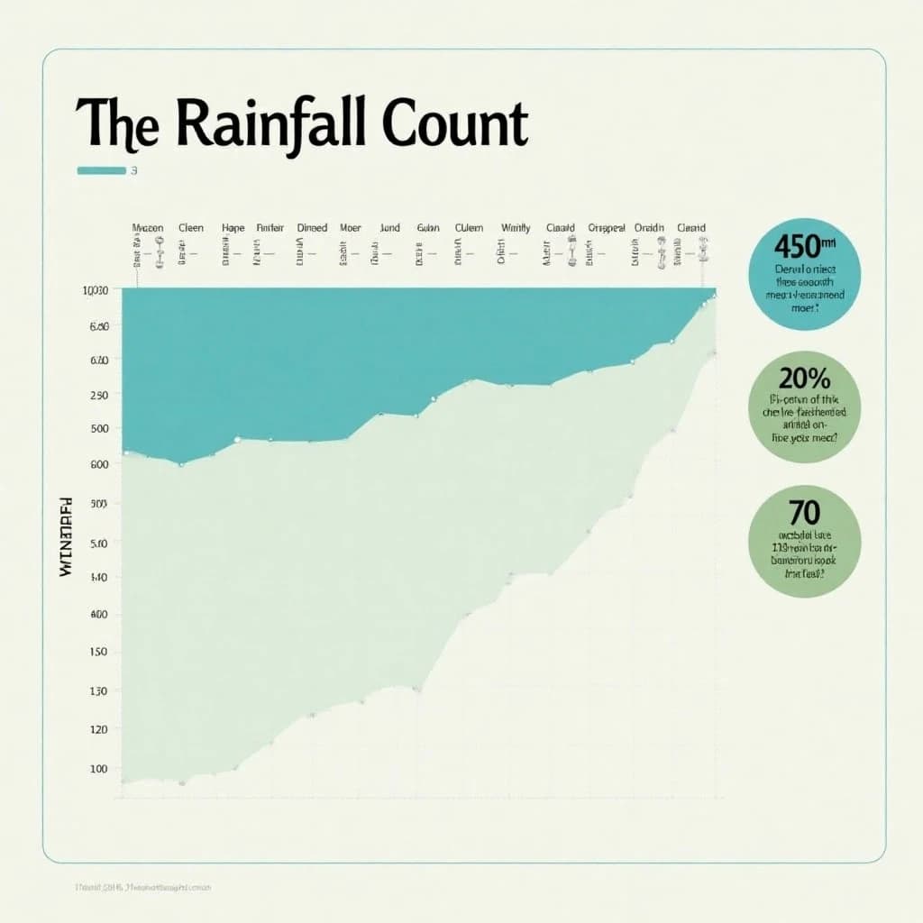 Printed poster titled "The Rainfall Count": at the center a twelve-month rainfall timeline, carrying three keyed regions, "Wettest" shaded dark blue, "Driest" shaded sand and "Average" shaded pale green, beside a right column of three stat chips reading "450mm in the wettest month", "20% above the ten-year mean" and "70 rain days last year".