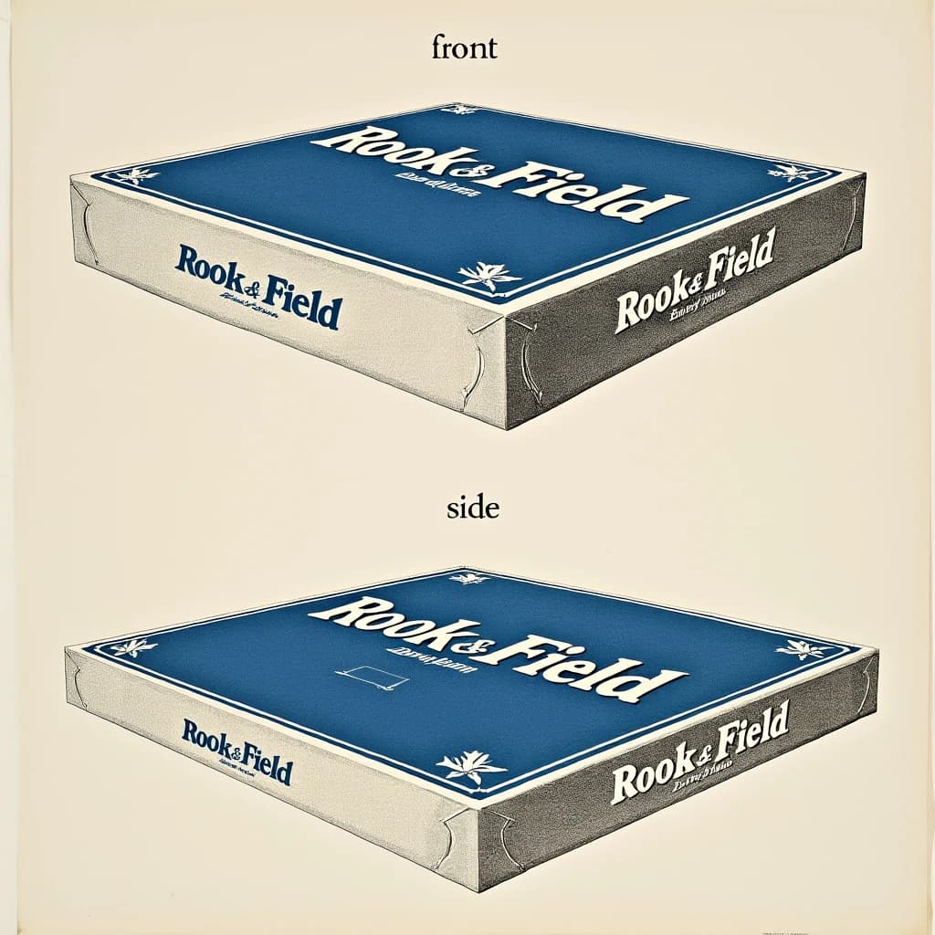 Printed poster of the same board-game box drawn in two views, captioned "front" and "side", every view carrying the wordmark "Rook & Field" with a single leaf mark beside it in the same blue-and-silver coloring, only the angle changing.
