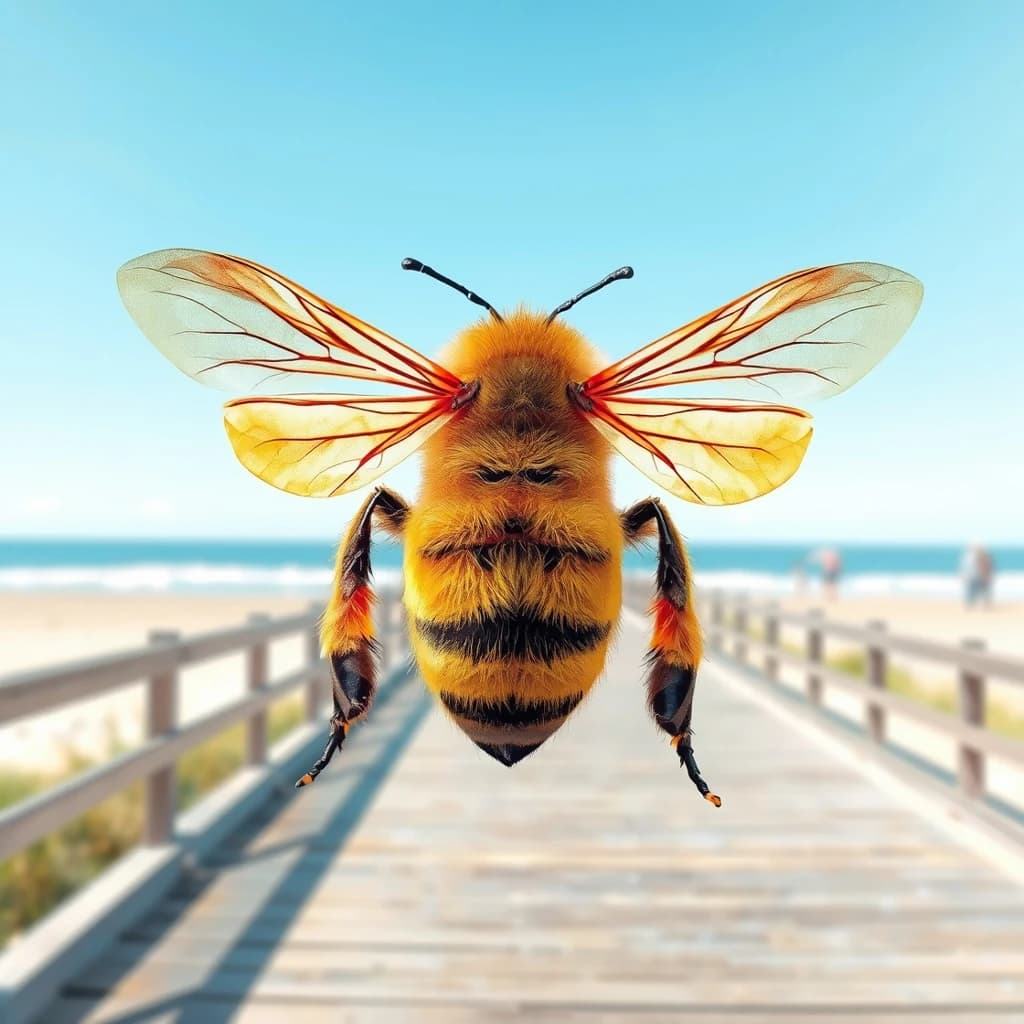 A honeybee seen from the back on a seaside boardwalk, in bright midday sun, overhead flat lay, watercolor style.