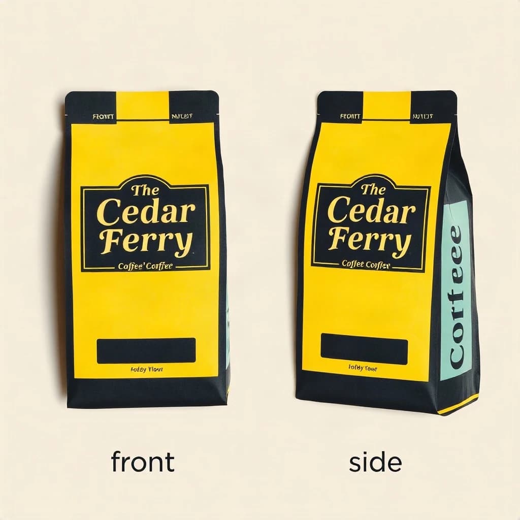 Cut-paper collage: one coffee bag in two views. The views are captioned "front" and "side" in that order. The wordmark "The Cedar Ferry" appears on every view. The black-and-yellow coloring is the same across every view, and only the angle changes.