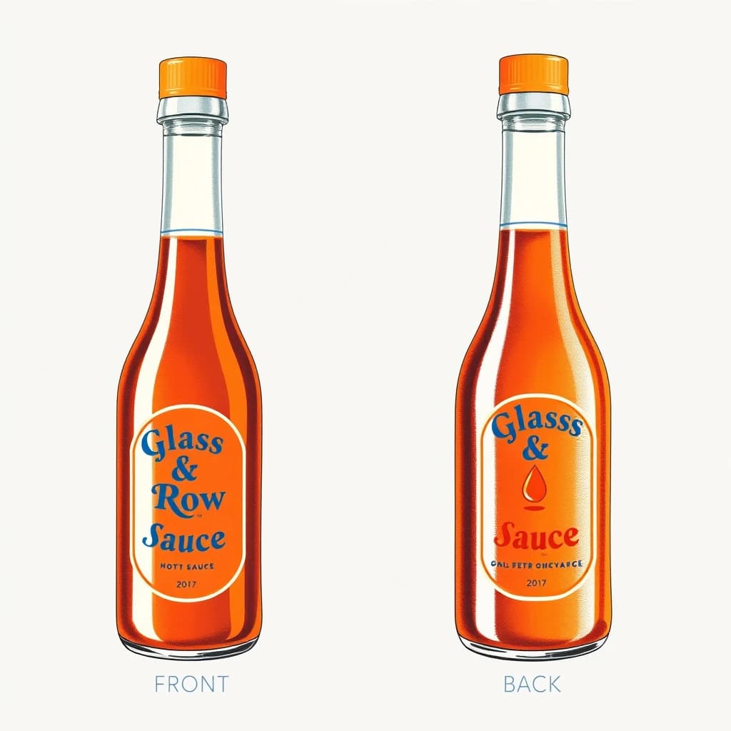 Printed poster of the same hot-sauce bottle drawn in two views, captioned "front" and "back", every view carrying the wordmark "Glass & Row" with a single droplet symbol beside it in the same blue-and-silver coloring, only the angle changing.