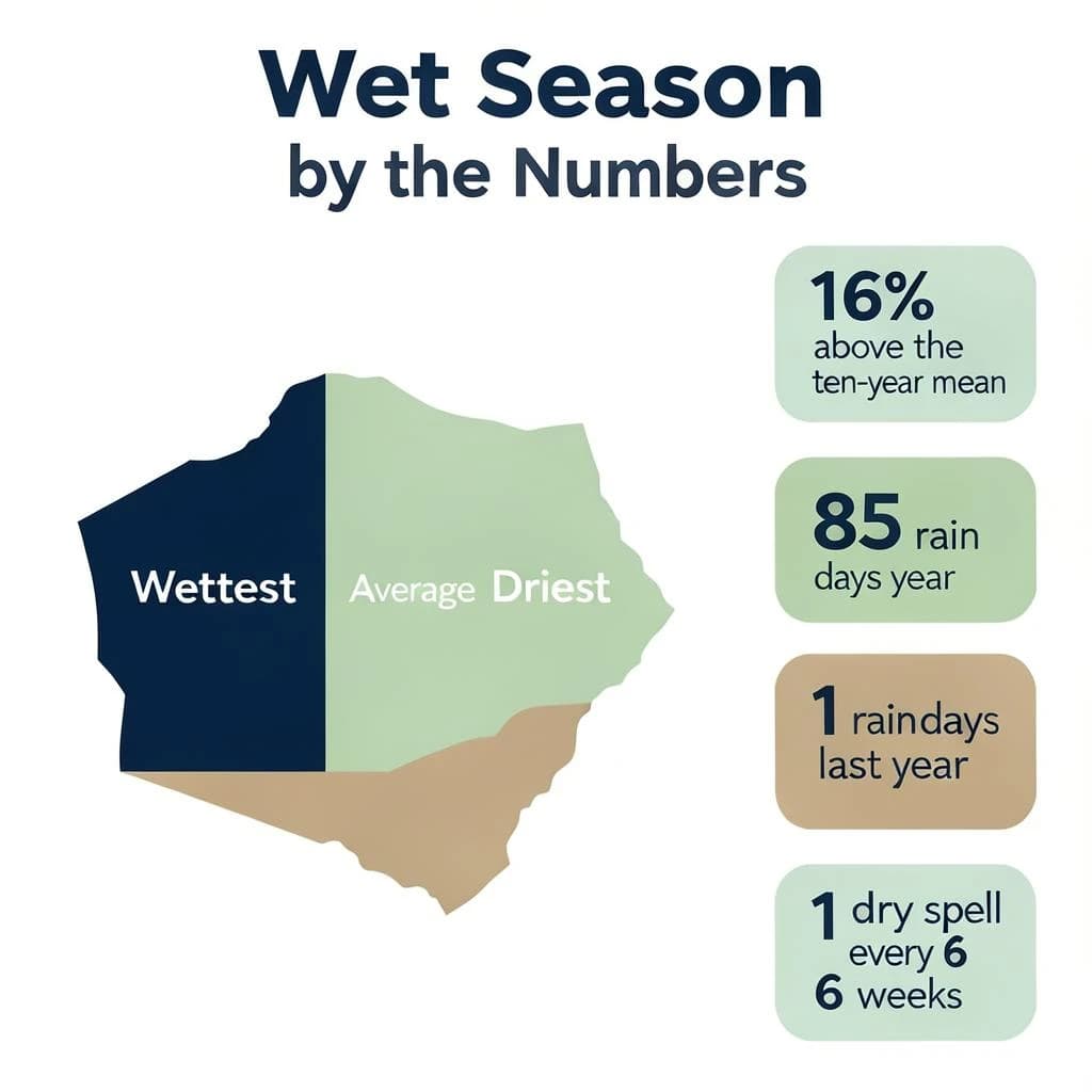 Flat vector illustration titled "Wet Season by the Numbers". A twelve-month rainfall timeline sits at the center, carrying three keyed regions, "Wettest" shaded dark blue, "Average" shaded pale green and "Driest" shaded sand. Three stat chips run down a right column, reading "16% above the ten-year mean", "85 rain days last year" and "1 dry spell every 6 weeks". Each key color matches the shading of the region it names.