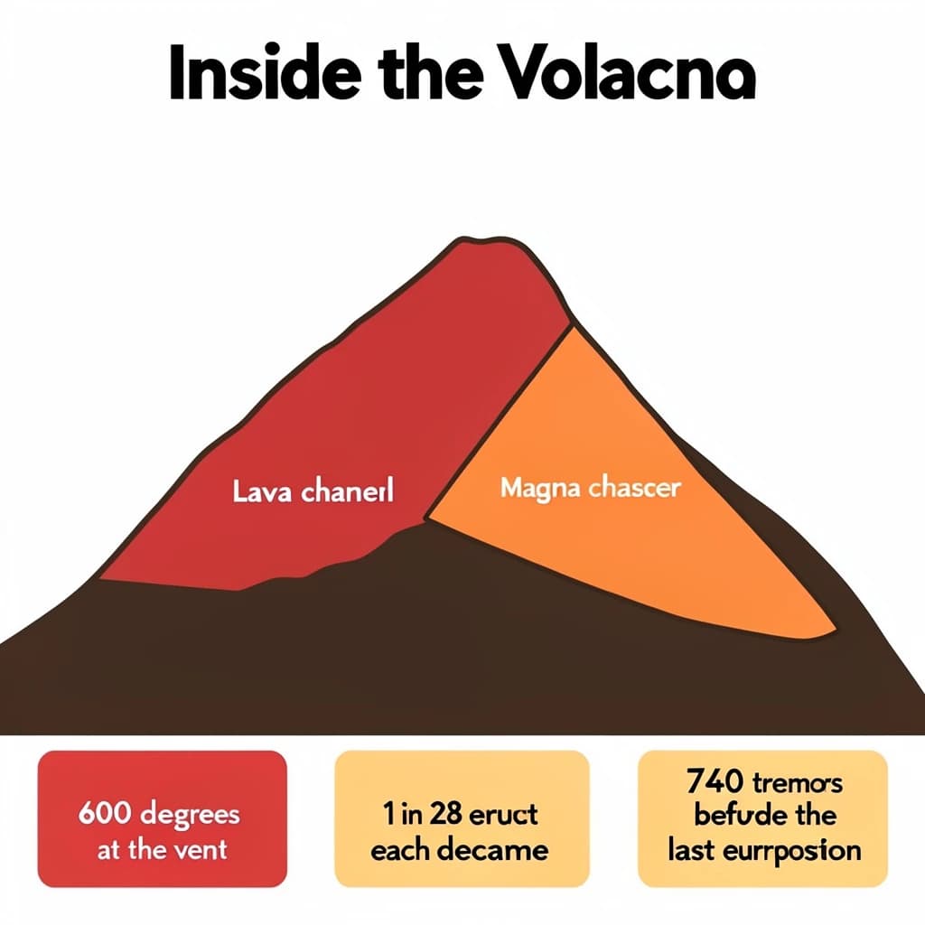 Flat infographic titled "Inside the Volcano". A simplified hazard map of the slopes sits at the center, carrying two keyed regions, "Lava channel" shaded red and "Magma chamber" shaded orange. Three stat chips run down a bottom row, reading "600 degrees at the vent", "1 in 28 erupt each decade" and "760 tremors before the last eruption". Each key color matches the shading of the region it names.