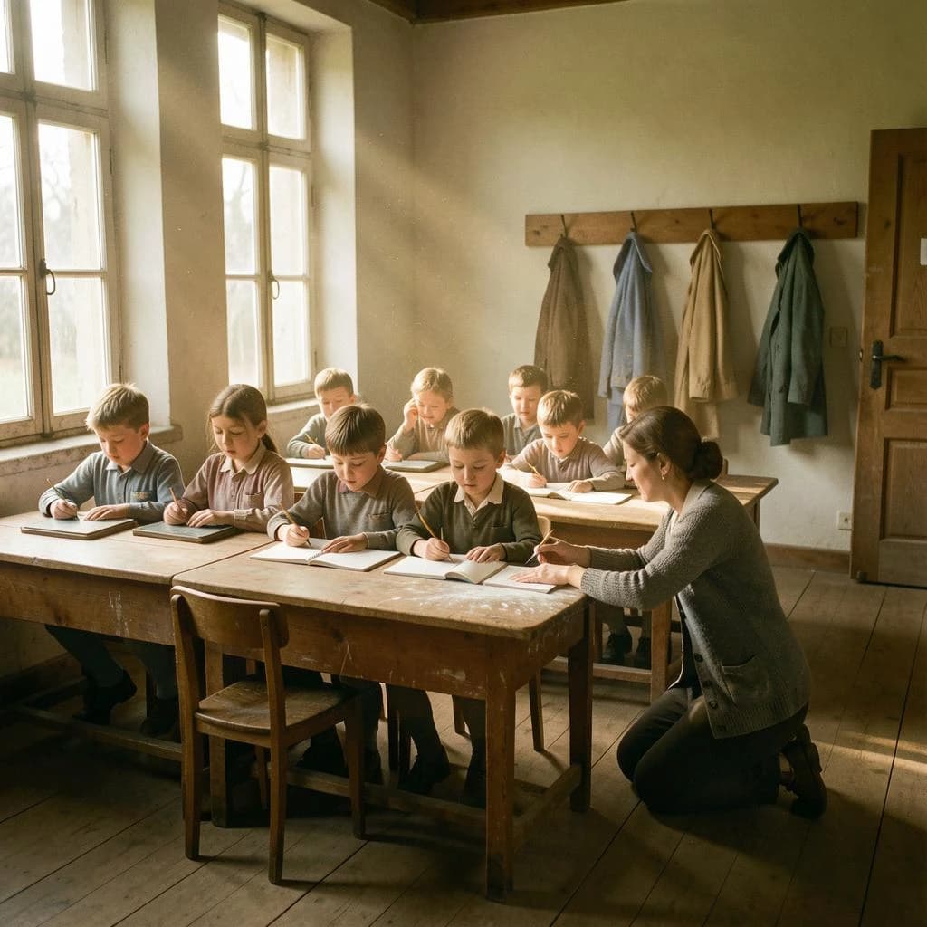 Documentary photograph inside a 1961 rural schoolhouse, late afternoon sun through tall windows. Twelve pupils at six shared wooden desks, two to a desk: the four in the window row copy from slates, the four in the middle row have open exercise books, the four along the back wall are turned around watching. The teacher, a woman in a grey cardigan with chalk dust on her sleeve, kneels beside the desk nearest the door, one hand steadying a boy's pencil. Four wall hooks behind her hold three coats, the middle hook bare. Warm dust in the light, fine grain, nobody posing.