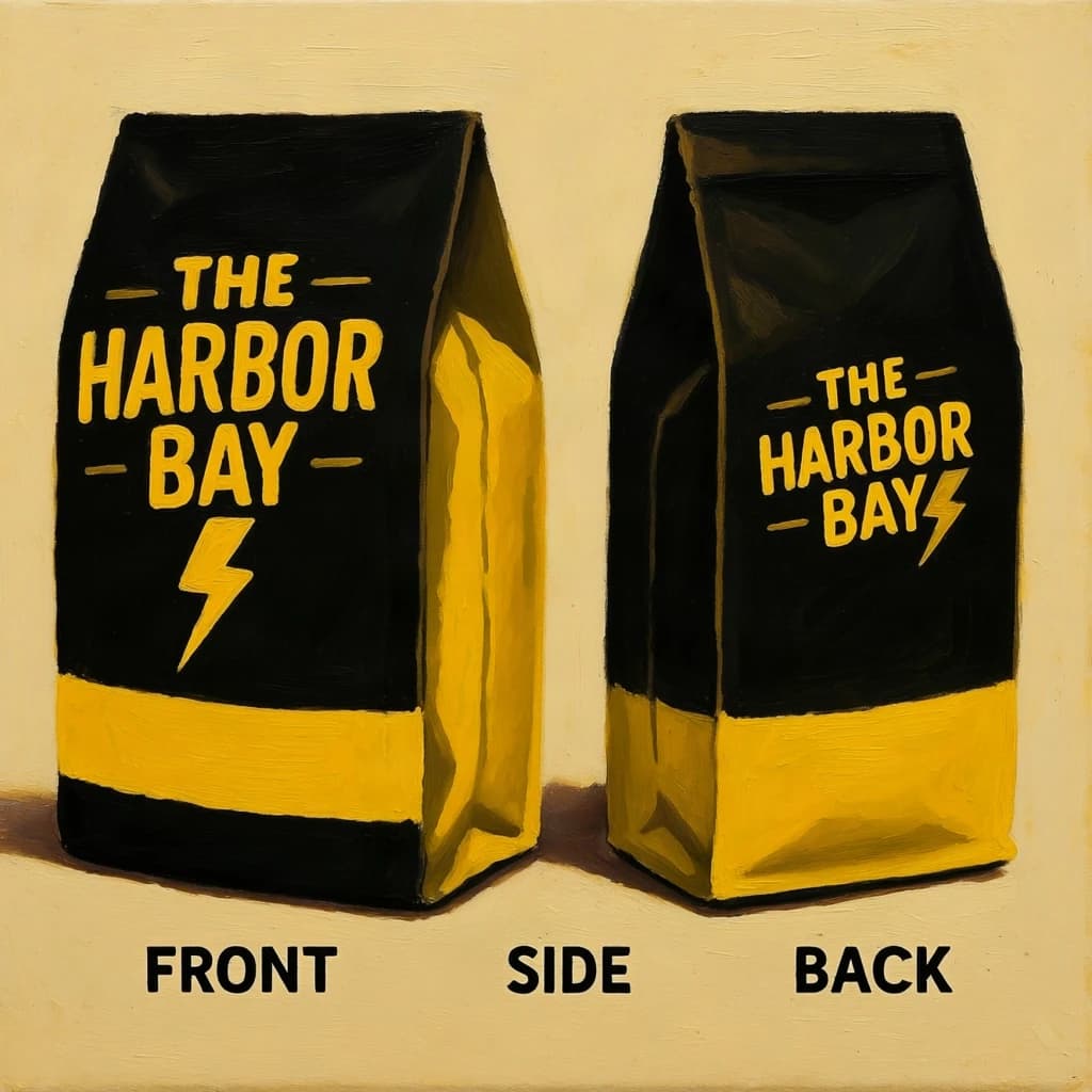 Gouache painting of the same coffee bag drawn in three views, captioned "front", "side" and "back", every view carrying the wordmark "The Harbor Bay" with a lightning-bolt symbol beside it in the same black-and-yellow coloring, only the angle changing.