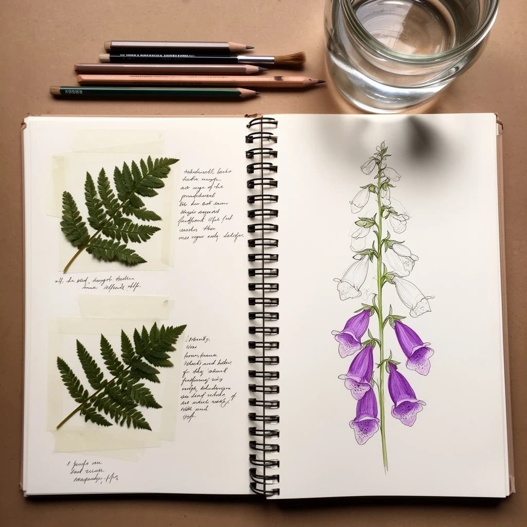 An open spiral notebook shot from directly above, its pages filled with careful botanical illustration in ink and watercolor. On the left page, three pressed fern fronds taped down with handwritten notes beside each one. On the right page, a half-finished study of a foxglove stalk carrying five bells, the bottom two painted purple and the top three still bare outlines. A brush, two pencils and a jar of water sit above the notebook, and the wire spiral throws a shadow into the gutter.
