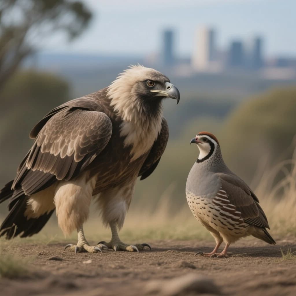 Bearded Vulture and Button Quail in Canberra, Australia in the style of neoclassical