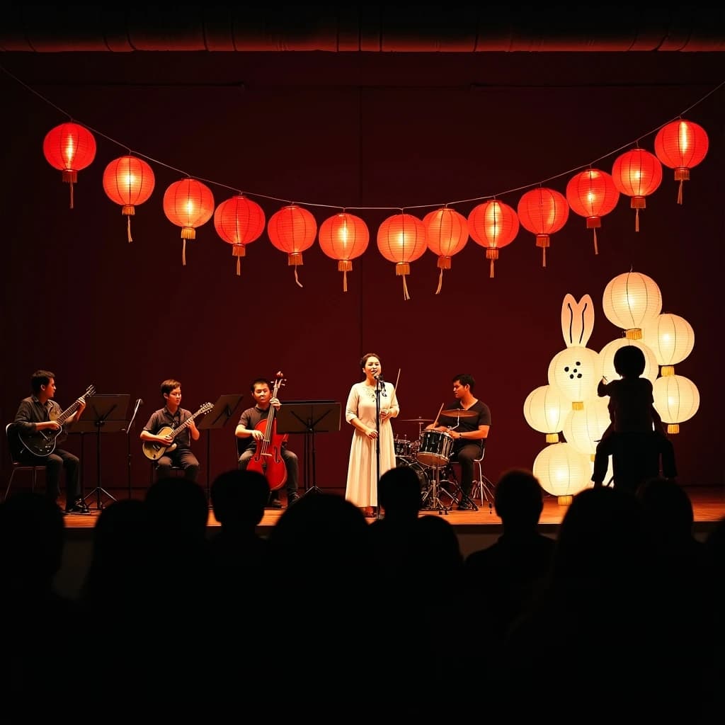 Concert photography, a Mid-Autumn Festival night in a Hong Kong park, shot from inside the crowd toward a low stage lit by warm floods. A singer at the centre microphone holds a note with both hands off the stand; on her left two erhu players sit side by side, on her right a single drummer stands. Eleven paper lanterns hang above the stage, the seven red ones strung in a line and the four white ones clustered at the right end. In the near foreground, out of focus, a child on a father's shoulders holds a rabbit lantern.