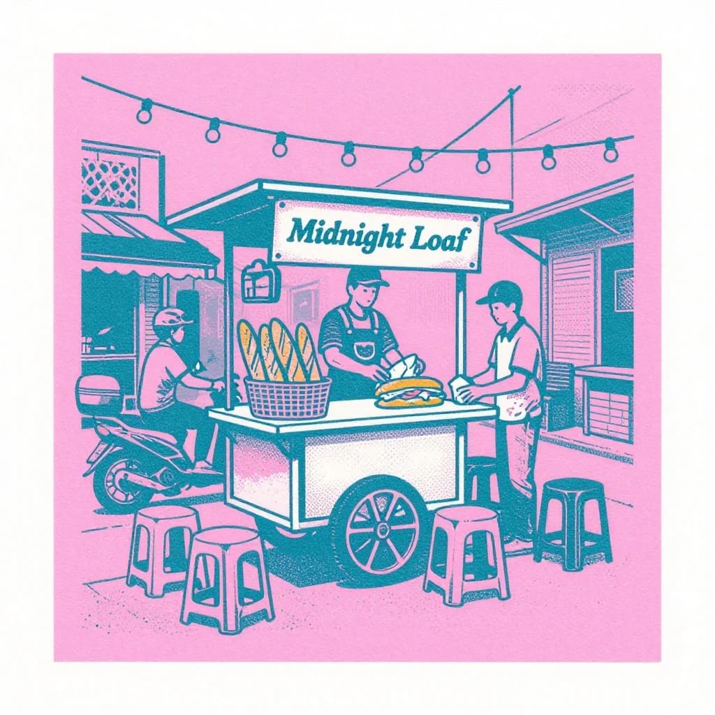 Two-color risograph print key art in fluorescent pink and teal with visible misregistration and paper grain, for a street food courier game. A night market alley: the banh mi cart at center with three baguettes standing upright in a basket and two more being sliced by the vendor, who hands one wrapped sandwich down to a courier straddling a scooter. Four plastic stools in front of the cart, three occupied and the one nearest the gutter tipped over. Two strings of bulbs cross overhead. A dog waits under the cart axle. The stall banner reads "Midnight Loaf".