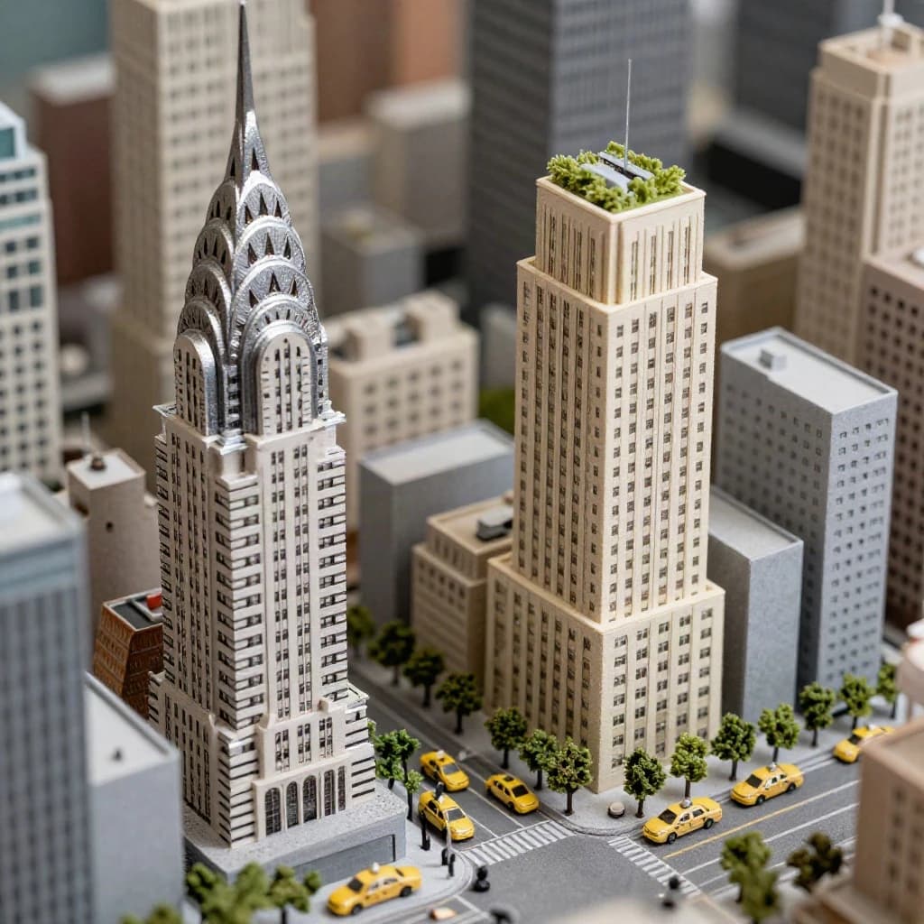 Tilt shift photograph of a hand built architectural scale model of a Midtown Manhattan block, studio lit from the upper left.
The Chrysler Building stands on the corner in polished silver card with its stepped crown and triangular windows. Directly across the street sits a proposed cream limestone tower, two floors shorter, topped by a stepped roof garden. Between them four smaller grey massing blocks in plain foam. Six tiny yellow cabs on the avenue, three stopped at the crossing and three queued behind, with a line of green model trees down the median.