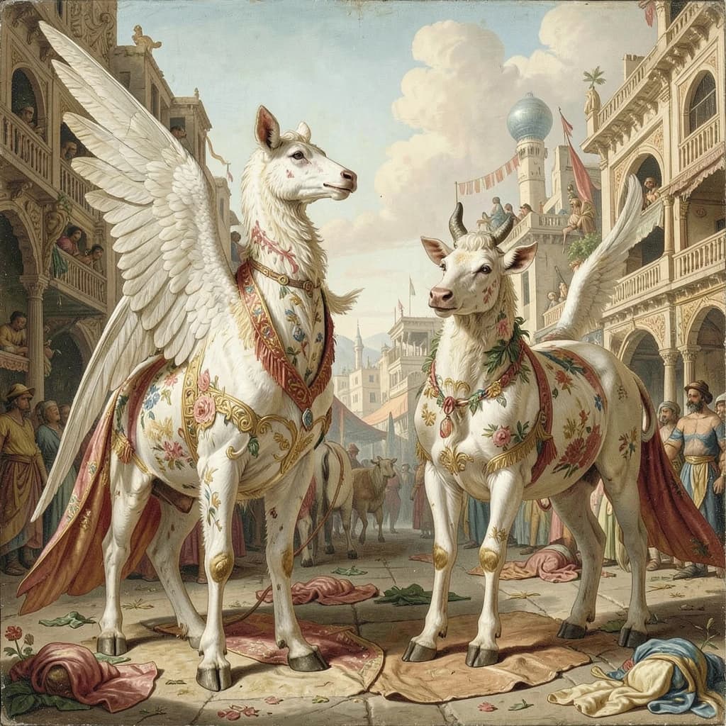 Aerie and Artiodactyl in Baghdad, Iraq in the style of rococo