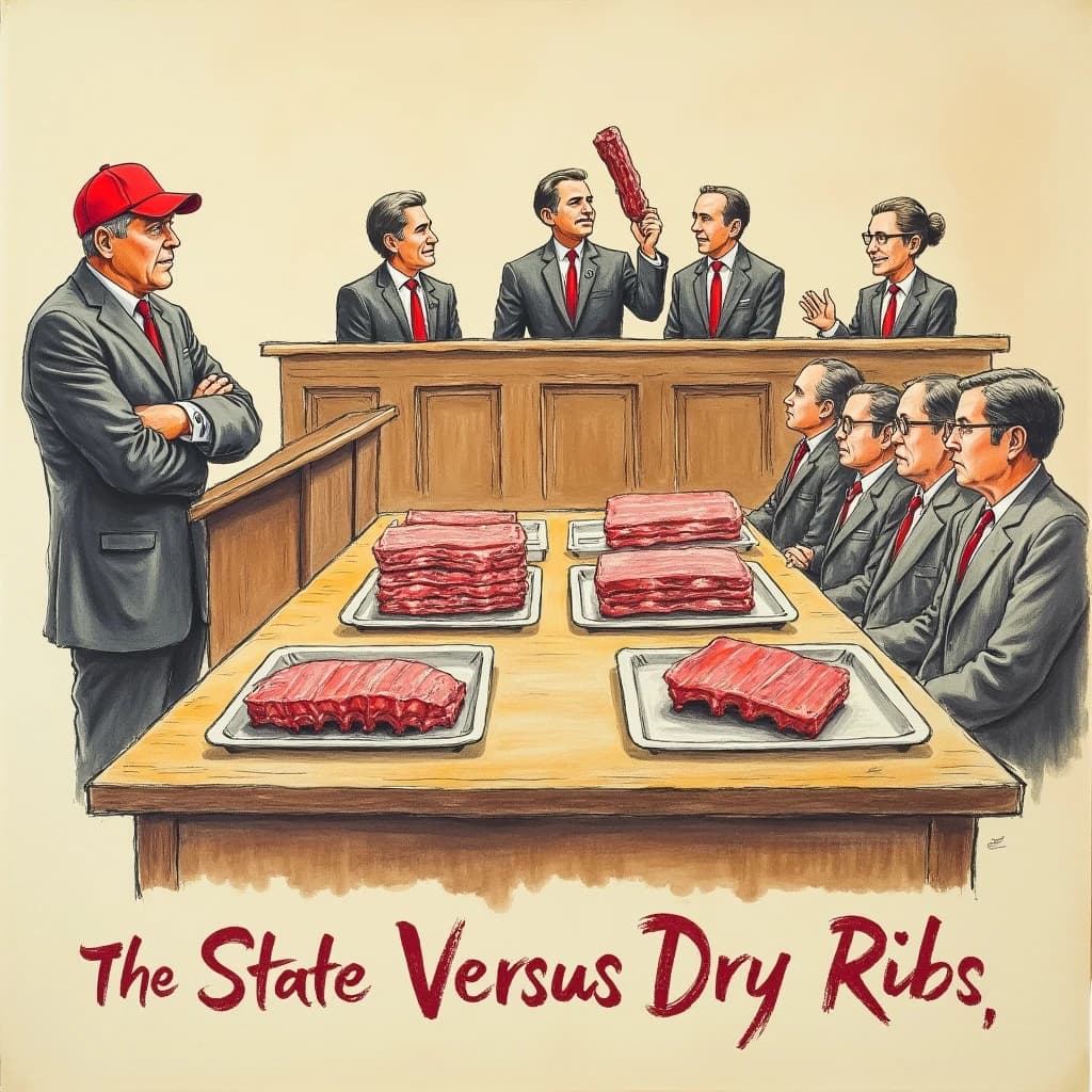 Courtroom sketch poster in colored pencil on toned paper for a barbecue joint's rib contest. The judges' bench sits at top center with three judges behind it, the middle one holding a rib up to the light while the other two turn toward each other. On the evidence table below stand four trays: two stacked with ribs, one holding a single burnt end, one empty. A pitmaster in a red cap stands at the podium on the left with his arms crossed. Six jurors fill the box on the right, five with napkins tucked into their collars and one without. Caption bar at the bottom reads "The State Versus Dry Ribs, Saturday".