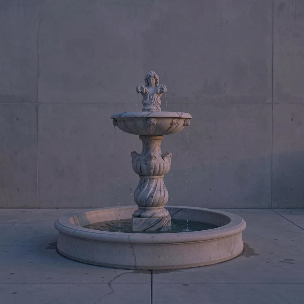 one marble fountain against plain concrete, dusk