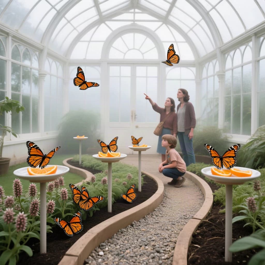 Interior render of a glasshouse butterfly conservatory, white cast iron arches and misted glass, humid morning light.
A raised planting bed spirals through the centre with a gravel path running around it. Five feeding stations on slim posts stand along the path, each holding a shallow dish of orange slices: monarch butterflies cluster on three of the dishes while two are untouched. Seven more monarchs rest on the milkweed in the bed and two are in flight above the path. Three visitors in the room, a child crouching at the nearest feeding station, an adult behind her pointing upward, and a guide standing at the far end beside an information board. Fine mist drifting near the roof vents. Physically based render.