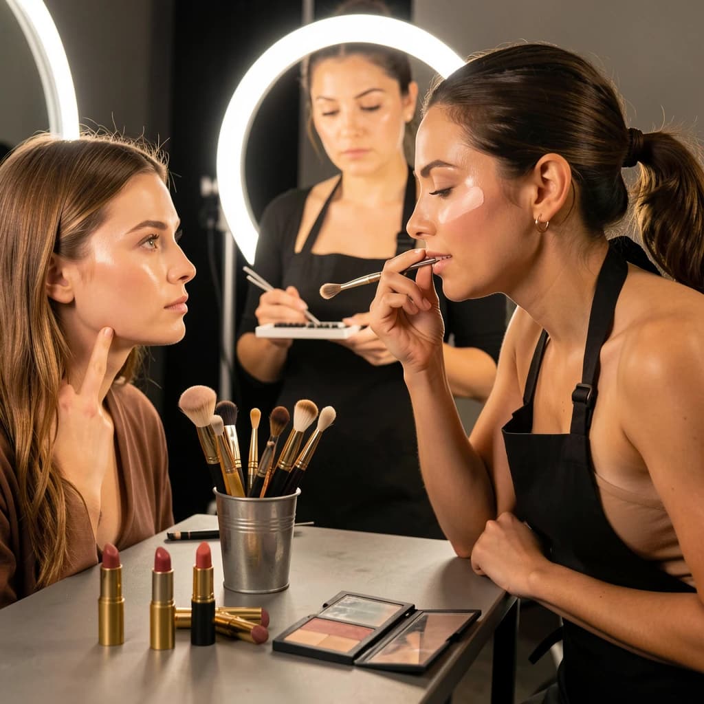 Fashion photograph at a backstage vanity lit by a ring light. A makeup artist in a black apron leans in from the right and blends cream blush into a seated model's cheekbone with her fingers, while a second artist standing behind them holds a lash tray in one hand and tweezers in the other, mid pick. On the counter between them: six brushes standing bristle up in a metal cup, three lipstick bullets lying in a row with their caps off beside them, and one open palette showing two used shades and four untouched. Warm skin tones, glossy highlights, shallow depth of field.