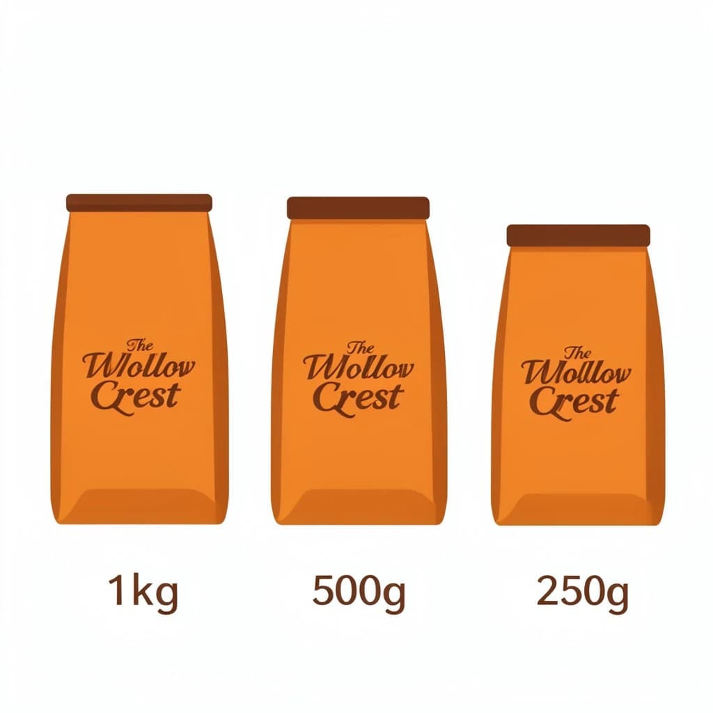 Flat vector illustration of the same coffee bag drawn in three sizes, captioned "1kg", "500g" and "250g", every size carrying the wordmark "The Willow Crest" in the same orange-and-brown coloring, only the bag size changing.