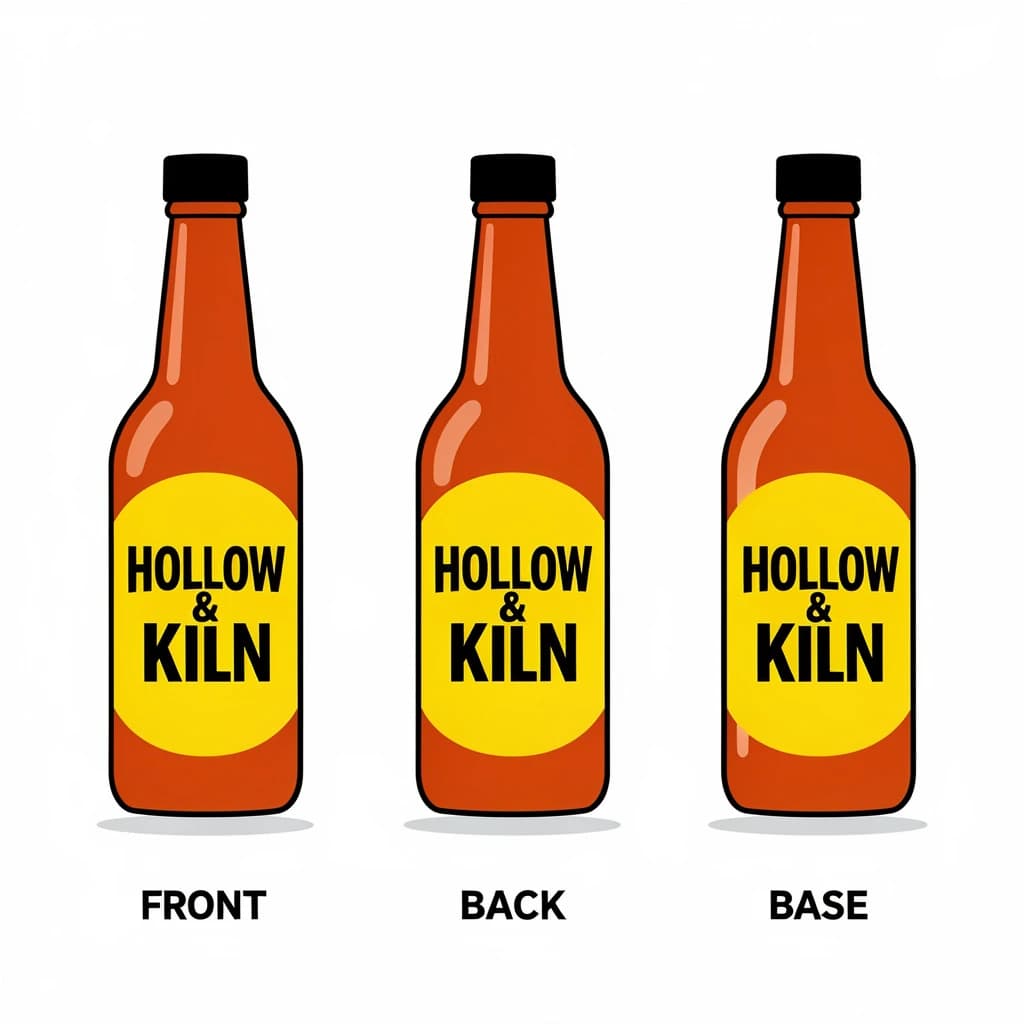 Flat vector illustration of the same hot-sauce bottle drawn in three views, captioned "front", "back" and "base", every view carrying the wordmark "Hollow & Kiln" in the same black-and-yellow coloring, only the angle changing.