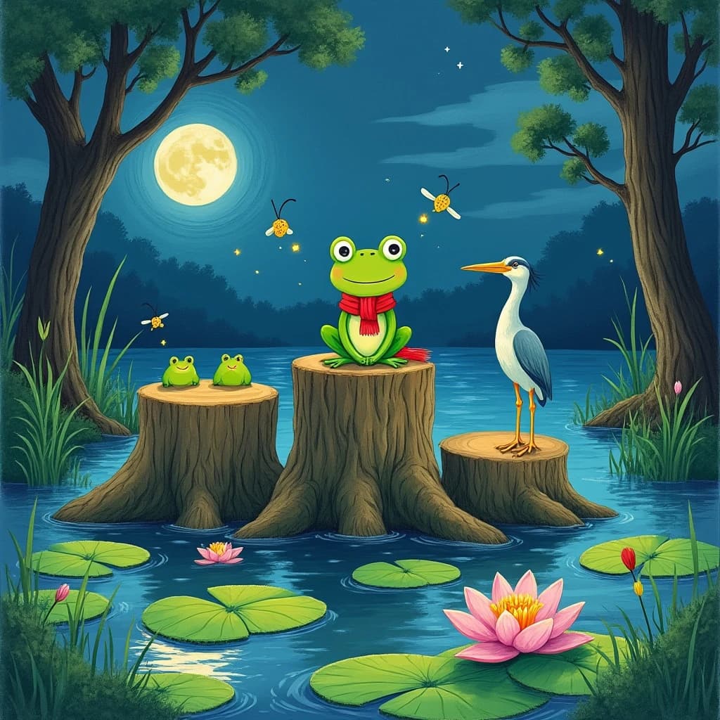 Story card in soft children's book illustration with crayon texture. A moonlit swamp with three cypress stumps in a row across the water. A small green frog in a red scarf sits on the middle stump. Two fireflies circle above his head while four more sit sleeping on the reeds to the left. A heron stands knee deep at the right edge, looking away from the frog. Nine lily pads float across the foreground, only one of them carrying a flower.