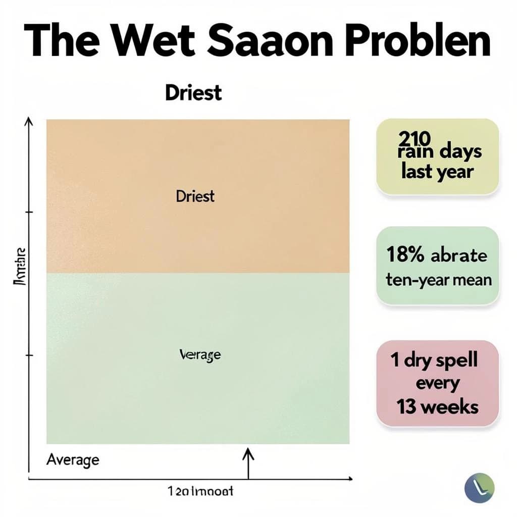 Printed poster titled "The Wet Season Problem". A twelve-month rainfall timeline sits at the center, carrying two keyed regions, "Driest" shaded sand and "Average" shaded pale green. Three stat chips run down a right column, reading "210 rain days last year", "18% above the ten-year mean" and "1 dry spell every 13 weeks". Each key color matches the shading of the region it names.