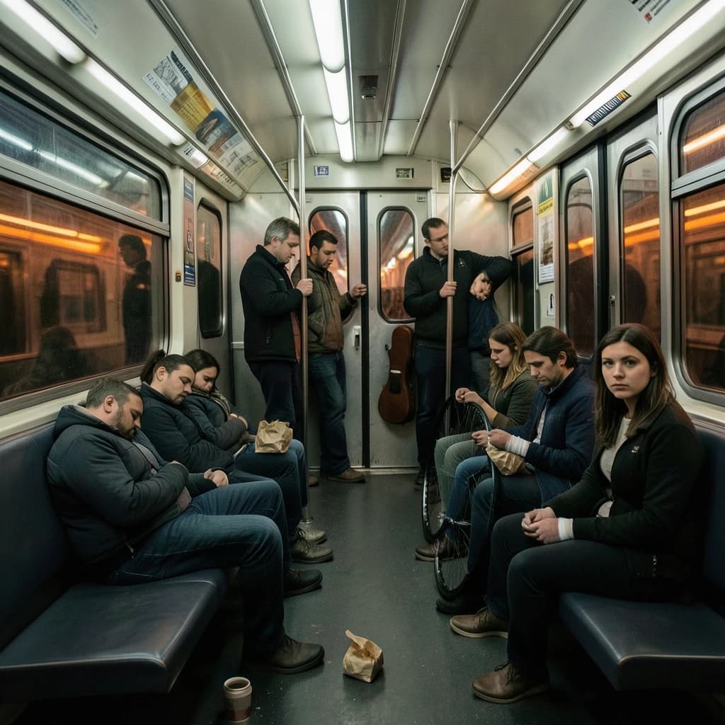 Cinematic photograph inside a late night subway car, handheld, lit only by flickering ceiling strips and orange platform light sliding past the windows. Nine passengers down the car: the three on the left bench all sleep with heads tipped at different angles, the four on the right bench are awake, one folding a paper bag, one holding a bike wheel upright between his knees, one wrapping her own wrist in tape, one staring straight into the lens. Two more stand at the far doors gripping the same pole with a violin case wedged between them. An empty seat beside the nearest sleeper, a coffee cup rolling under it.