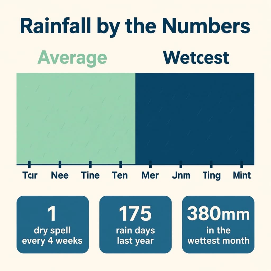 Flat infographic titled "Rainfall by the Numbers": at the center a twelve-month rainfall timeline, carrying two keyed regions, "Average" shaded pale green and "Wettest" shaded dark blue, beside a bottom row of three stat chips reading "1 dry spell every 4 weeks", "175 rain days last year" and "380mm in the wettest month".